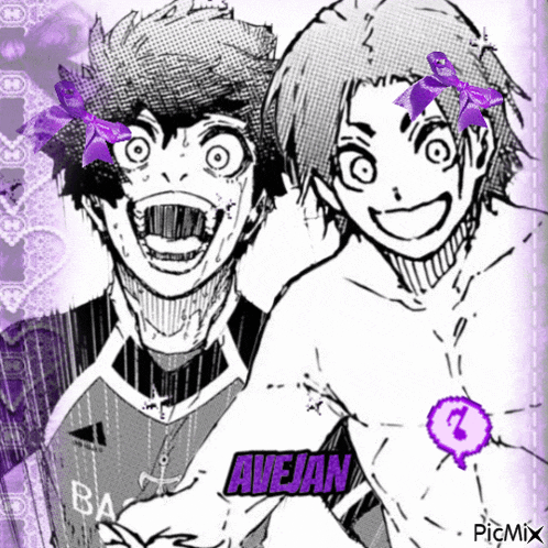two anime characters with purple bows on their heads and the name avejan on the bottom