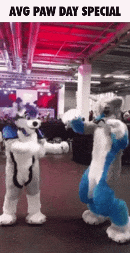 two furry costumes dancing in a room with the words avg paw day special on the bottom