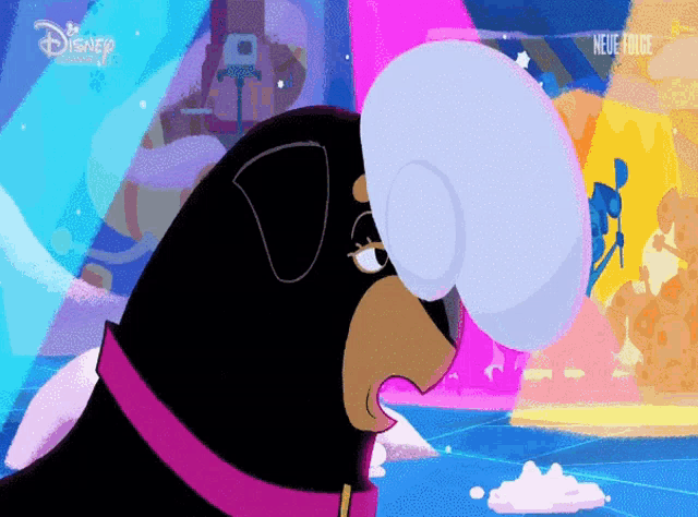a cartoon dog with a pink collar and a disney logo on the bottom