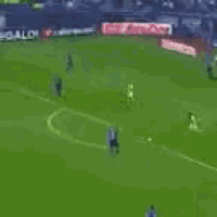 a soccer game is being played on a soccer field with a crowd in the background .