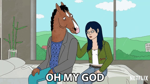 a cartoon of a woman sitting next to a horse that says oh my god on the bottom