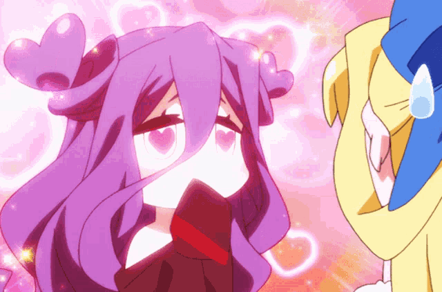 a cartoon character with purple hair and hearts in her eyes