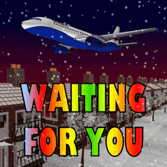 an airplane is flying over a snowy residential area and the words waiting for you are displayed