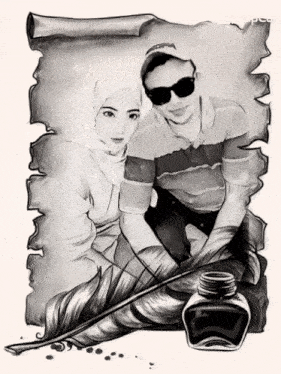 a drawing of a man and a woman with a feather and a bottle of ink