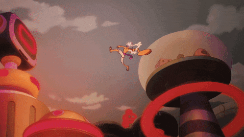 a cartoon character is flying through the air near a building