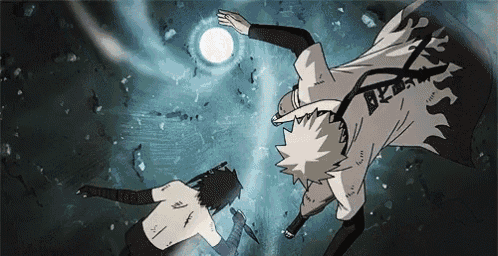 a cartoon of naruto and sasuke fighting each other in a dark room .