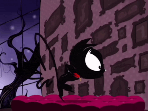 a cartoon drawing of a black cat on a purple ottoman