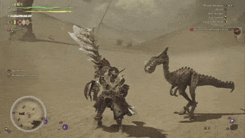 a video game screen shows a man holding a large sword and a dinosaur in the desert
