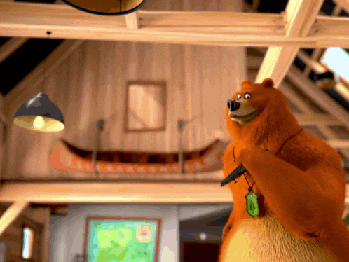 a cartoon bear is standing in a room with a sign that says bob
