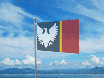 a flag with an eagle on it is flying in front of a body of water