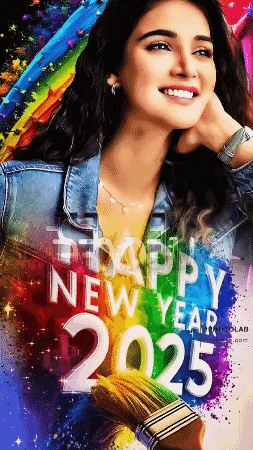 a woman in a denim jacket is smiling in front of a colorful background that says " happy new year 2025 "