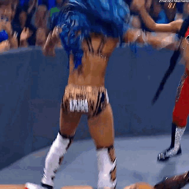 a female wrestler with blue hair is standing on a wrestling mat in front of a crowd .