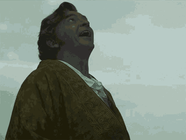 a man in a green robe with swirls on it is looking up