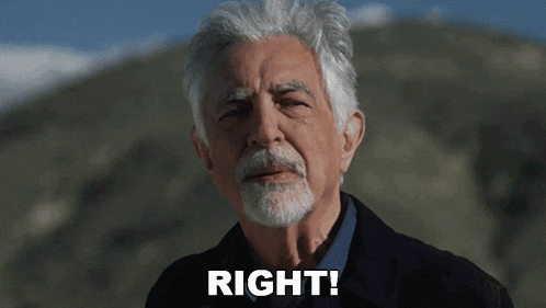 a man with gray hair and a beard is standing in front of a mountain and says right