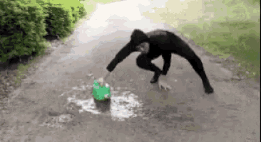 a man in a black suit is reaching for a green bucket on the ground