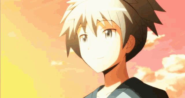 a boy with gray hair and blue eyes is smiling in front of a pink sky