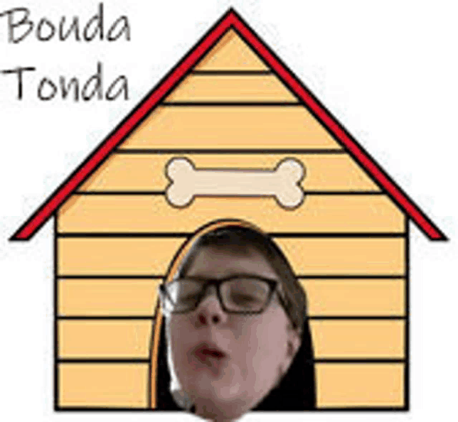 a woman is sitting in a dog house with a bone on the top .