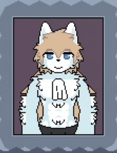 a pixel art drawing of a furry character with a letter r on his chest