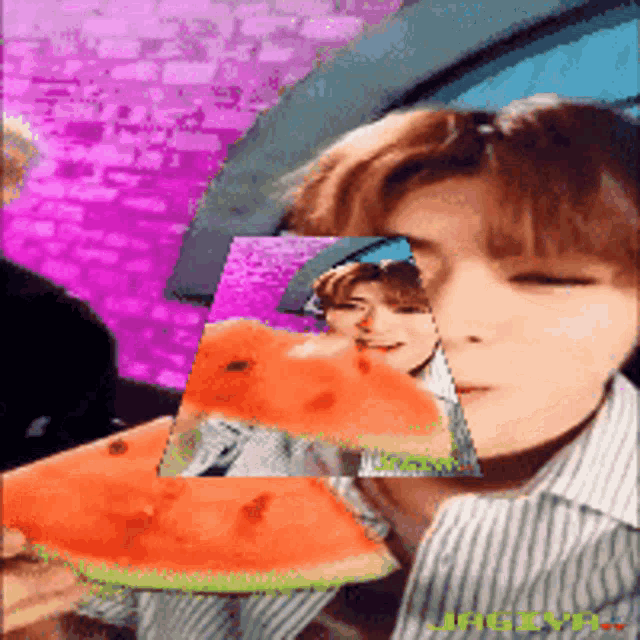 a man holding a slice of watermelon with a picture of him on it