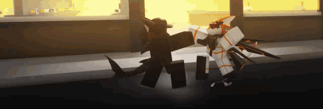 a robot is fighting another robot in a video game in a room with a window .