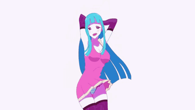 a cartoon girl with long blue hair and a pink dress is dancing .