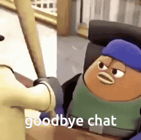 a cartoon character is shaking hands with another cartoon character and the words `` goodbye chat '' are visible .