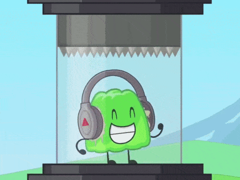 a green cartoon character wearing headphones with a red triangle on them