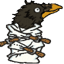 a cartoon of a bird wrapped in a white cloth
