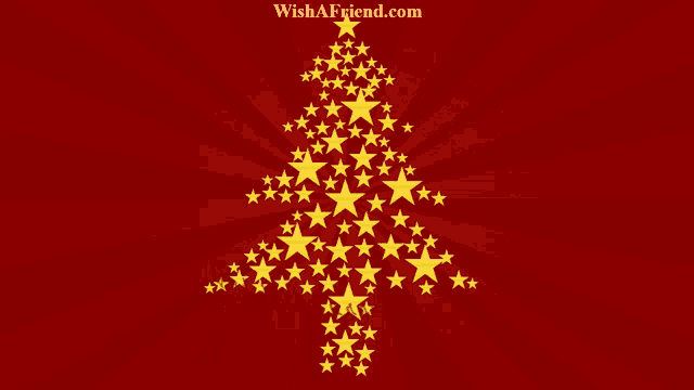 a red background with a christmas tree made of gold stars