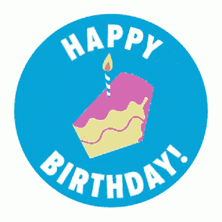 a blue circle with a slice of cake and a lit candle