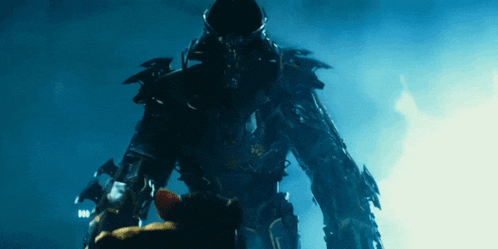 a robot is standing in front of a blue background that says hbo on it