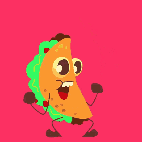 a cartoon taco with arms and legs is dancing and smiling on a pink background .