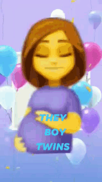 a cartoon of a pregnant woman surrounded by balloons with the words " they boy twins " on it