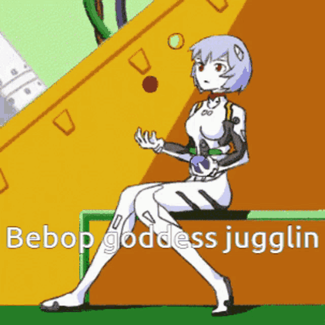 a cartoon of a girl juggling with the words bebop goddess juggling