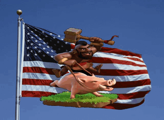 a man with a hammer riding a pig in front of an american flag