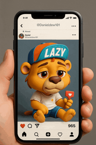 a hand holding a cell phone with a picture of a cartoon bear wearing a hat that says lazy