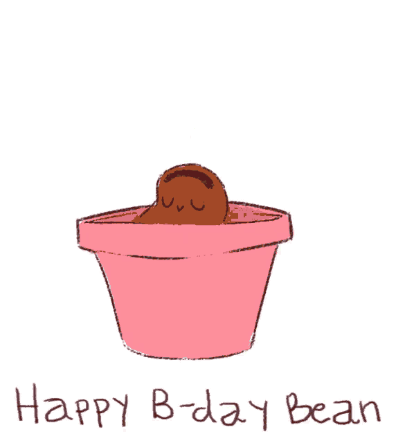a drawing of a bean in a pink pot with the words happy b-day bean written below it