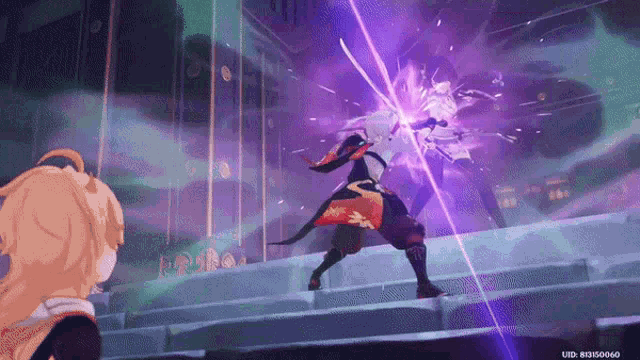 a cartoon character is standing on a set of stairs with a purple light coming out of his chest .