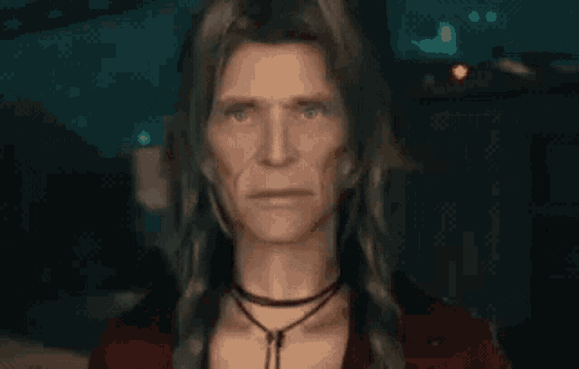 a man with long hair is wearing a red shirt and a black choker .