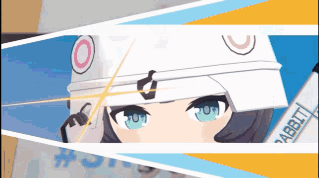 a close up of a girl 's face with the word rabbit on the bottom
