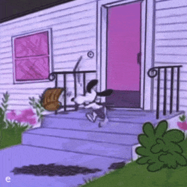 a cartoon of snoopy sitting on the porch of a house with a pink door