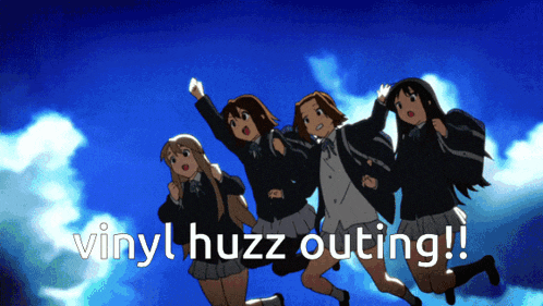 a group of girls jumping in the air with the words vinyl huzz outing