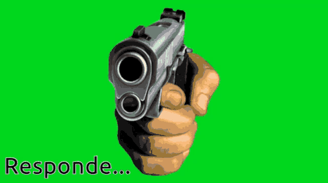 a hand holding a gun with fire coming out of the barrel and the word responde below it