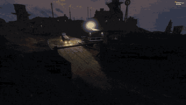 a screenshot of a video game shows a truck driving down a road