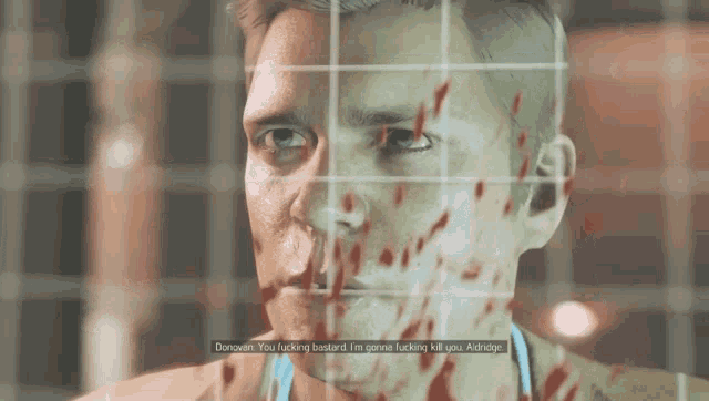 a video game screen shows a man with blood on his face and the words conowen you fucking bastard