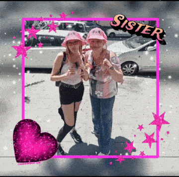 two women wearing pink hats with the word sister on it