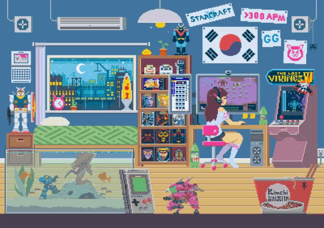 a pixel art drawing of a girl playing a game called starcraft