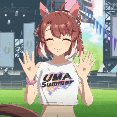 a girl with a uma summer shirt on