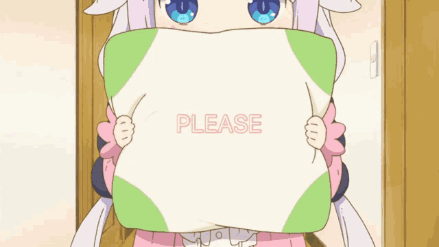 a cartoon girl holding a pillow that says please verify