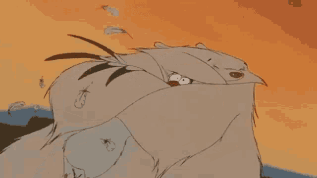 a cartoon of a cat hugging another cat while a flock of birds fly in the background .